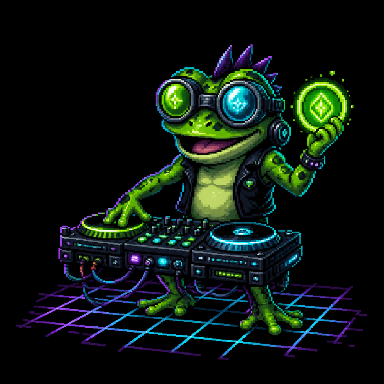 Original pixel art frog DJ holding a glowing token
